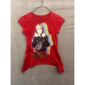 Justin Bieber Shirt Girls XL 14/16 Red Graphic Glitter Short Sleeve Tee Pop Star